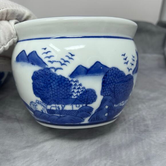 VTG Lot 3 Chinoiserie Porcelain Cachepot Jardiniere Blue White 5" Asian Scenes - Picture 10 of 10